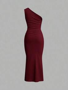 Vestido maxi de cola de pez con hombro asimétrico arrugado de unicolor sin mangas - Burdeos - Ver 2