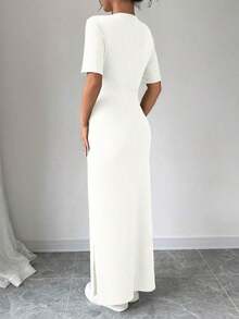 Vestido largo de mujer de unicolor con cuello en V, bajo con abertura, manga corta - Vestido maxi de mujer ajustado - Vestido de mujer elegante y clásico de alta calidad - Beis - Ver 2