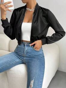 Chaqueta bomber corta con cremallera de color liso, chaqueta ligera de mujer de uso casual para primavera/otoño con manga regular, cuello tipo béisbol y ajuste regular en color negro liso - Negro - Ver 5