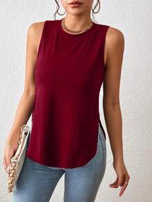 1 pieza Camiseta casual de mujer de cuello redondo y bajo con abertura lateral de un solo color - Burdeos - Ver 3