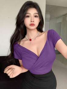 Camiseta básica de manga corta y escote envolvente de color liso versátil y casual, parte superior azul - Morado - Ver 4