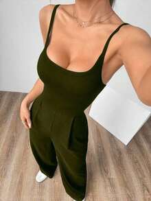 Mono holgado de unicolor y espalda descubierta de verano sexy - Verde militar - Ver 3