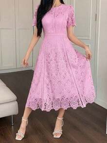 Vestido corto con adorno de encaje en las mangas, vestido mini elegante y refinado - Rosa - Ver 6