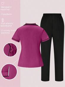 Conjunto de uniformes médicos: Parte superior de cuello en V de manga corta y pantalones para trabajadores de la salud - Rosa Fucsia - Ver 2