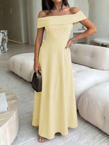Vestido de mujer de unicolor con hombros descubiertos, nuevo vestido largo elegante y ajustado sin espalda para fiestas, uso diario y citas - Amarillo - Ver 10