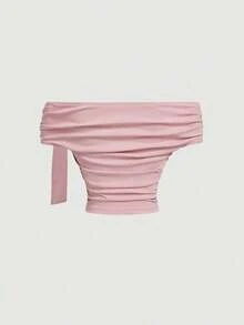 Camiseta rosa con hombros descubiertos y pliegues con decoración de lazo, adecuada para citas, fiestas, estética femenina, brunch, mujeres para Año Nuevo, vacaciones, vestimenta occidental para mujer, playa, ropa de oficina, Día de San Valentín - Rosa - Ver 2