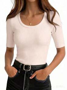 Nueva Ropa 2026 Selamara, Camiseta Casual de Manga Corta para Mujer en Color Sólido, Versátil para el Verano - Beis - Ver 4