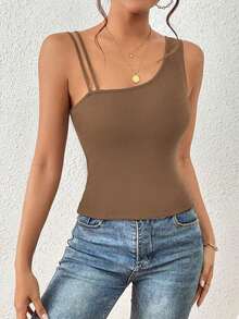 Top unicolor de cuello asimétrico tejido de canalé - Marrón Mocha - Ver 4