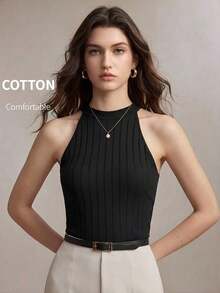 Nuevo diseño de verano/primavera para mujer, top de punto acanalado con cuello plisado sin mangas, elegante y chic para uso urbano y diario, romántico estilo retro de los 90, versátil y minimalista, adecuado para invitados de boda, anfitriones, ci - Negro - Ver 9