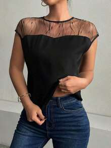 Blusa Negra De Mujer Elegante Con Paneles De Malla, Contraste De Color Y Detalle De Cerradura En La Parte Trasera Para Oficina, Uso Diario, Cuidad Y Vacaciones En Primavera Y Verano - Negro - Ver 3