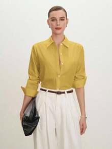 2026 Nueva Camisa Básica Versátil y Elegante para Mujer con Botones Delanteros y Cuello Mao en Color Azul Claro, Adecuada para Ir al Trabajo, Uso Diario, Estilo Retro de los 90, Navidad, Año Nuevo, Fiesta de San Valentín, Playa, Graduación, Moda, - Amarillo - Ver 2