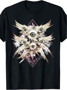 Unisex Gothic T-Shirt, 100% Cotton, Vintage Style, With Biblical Seraphim And Anime Graphic, Featuring Intricate Feather Eye Patterns, Machine Washable, Short Sleeve, Round Neck, Casual, For Everyday Wear, Outdoors And On Vacation. - 黑色 - 查看 1