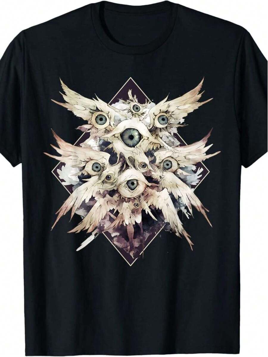 Unisex Gothic T-Shirt, 100% Cotton, Vintage Style, With Biblical Seraphim And Anime Graphic, Featuring Intricate Feather Eye Patterns, Machine Washable, Short Sleeve, Round Neck, Casual, For Everyday Wear, Outdoors And On Vacation. - 黑色 - 查看 1