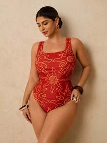 Traje de baño de una pieza con estampado de limón para mujer de talla grande, romántico para la playa y el spa a principios de primavera - Rojo - Ver 3
