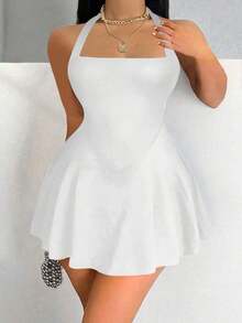 Vestido corto sin mangas de unicolor para mujer, atuendo casual y de uso diario en color borgoña - Blanco - Ver 4