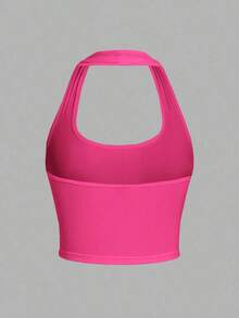 Camiseta de tirantes de ajuste ceñido con cuello halter, color liso y corta, de estilo minimalista y casual para mujer, de verano - Rosa Fucsia - Ver 2