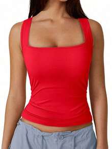 Camiseta de tirantes de unicolor negro como capa base de ropa casual de mujer para el verano y otoño - Rojo - Ver 6