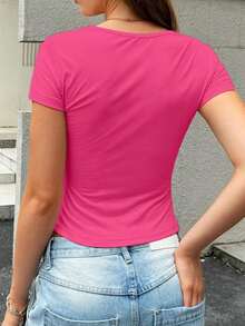Camiseta de mujer de moda holgada de manga corta con cuello redondo para verano - Rosa Fucsia - Ver 2