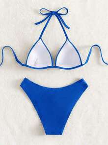 Conjunto de bikini liso, sujetador push up y parte inferior de bikini, traje de baño de 2 piezas - azul real - Ver 2