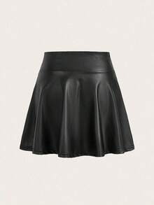 Falda de mujer casual de cintura alta de material de punto y PU - Negro - Ver 2