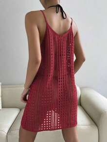Vestido cover up tejido con abertura sin bikini - Rojo - Ver 2