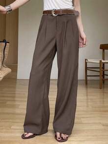 Pantalones de pierna ancha con detalle de plisado de cintura alta, pantalones de vestir para mujer, ropa de vuelta al colegio para otoño - Óxido marrón - Ver 9