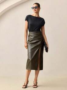 Falda con abertura alta de PU para mujer, atuendo de oficina casual urbano para ir al trabajo, vestimenta formal elegante para mujer en otoño - Marrón 2 - Ver 8