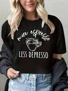 Top Casual para Mujer. Camiseta estampada de manga corta y cuello redondo, top casual de primavera y verano, ropa de mujer. Imprescindible para el uso diario informal. 100% algodón. - Negro - Ver 6
