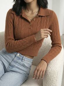 Aletheia - Women's Braided Polo Shirt, Long Sleeve, Braided Modal Knit, Winter - 駝色 - 查看 2