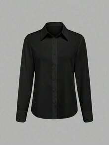 Camisa de mujer casual de manga larga a rayas con un solo abotonado - Negro 2 - Ver 5