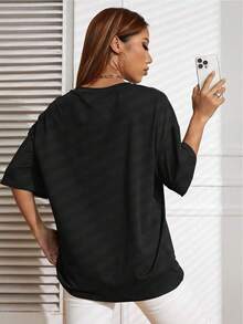 Camiseta de mujer con letras impresas y hombros caídos - Negro - Ver 8