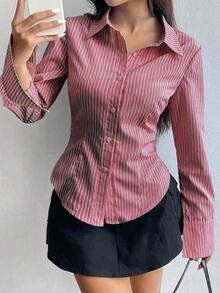Camisa de manga larga casual a rayas que ciñe la cintura, apta para primavera/verano/otoño, tops de manga larga - Rojo - Ver 3
