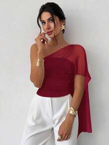 Blusa ajustada con volantes asimétricos de malla de punto con hombro asimétrico y empalme, elegante y casual, versátil, azul, adecuada para vacaciones, playa, atuendo de verano - Burdeos - Ver 4
