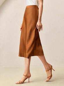 Falda negra básica de corte evasé para mujer, adecuada para el transporte urbano, negocios, uso casual, oficina, y atuendo formal elegante para mujer - Marrón - Ver 2