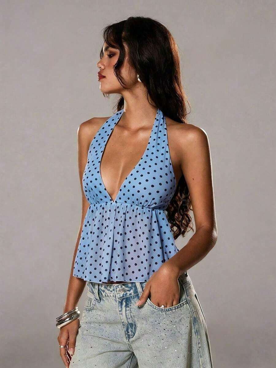 Elegante top de tirantes con escote en V y estampado de lunares para mujer, primavera/verano - Celeste - Ver 1