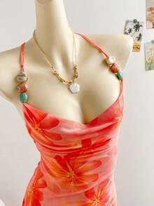 Vestido informal y romántico para vacaciones con estampado de leopardo, cuello drapeado, espalda descubierta y lazada - Multicolor - Ver 3