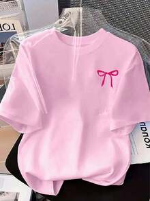Camiseta de manga corta de cuello redondo con estampado de lazo, informal, para mujer, de verano - Rosa - Ver 6