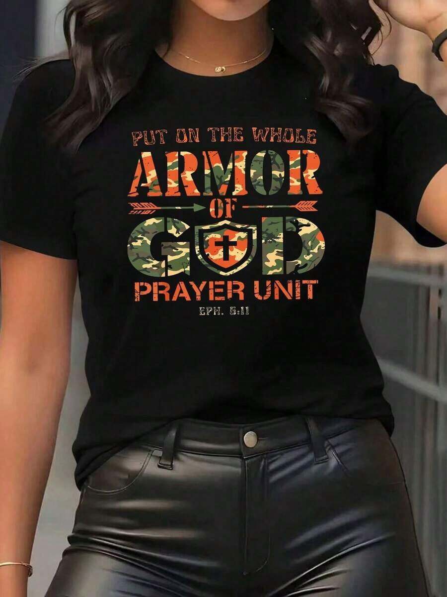 Women's Short-Sleeved T-Shirt With Round Neck And Camouflage Print, 100% Pure Cotton: Casual Sporty Style, Soft And Breathable, 180 Grams, Eye-Catching And Modern, Comfortable And Versatile. - 黑色 - 查看 1
