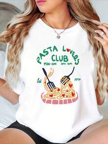 1 pieza PASTA LOVERS CLUB Camiseta de Cuello Redondo para Mujer con Estampado Casual a la Moda 180g 100% Algodón - Blanco - Ver 6