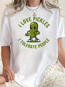 Funny T-Shirt With The Slogan "I Love Sauerkraut, I Tolerate People" | Unisex Casual Short-Sleeved Crew Neck T-Shirt With Pickled Cabbage Lover Design, Comfortable And Breathable Fabric, Suitable For All Seasons, A Fun Gift For Food Lovers, 100% Cotton, Short-Sleeved T-Shirt For Summer Vacation For Women. - 白色 - 查看 1