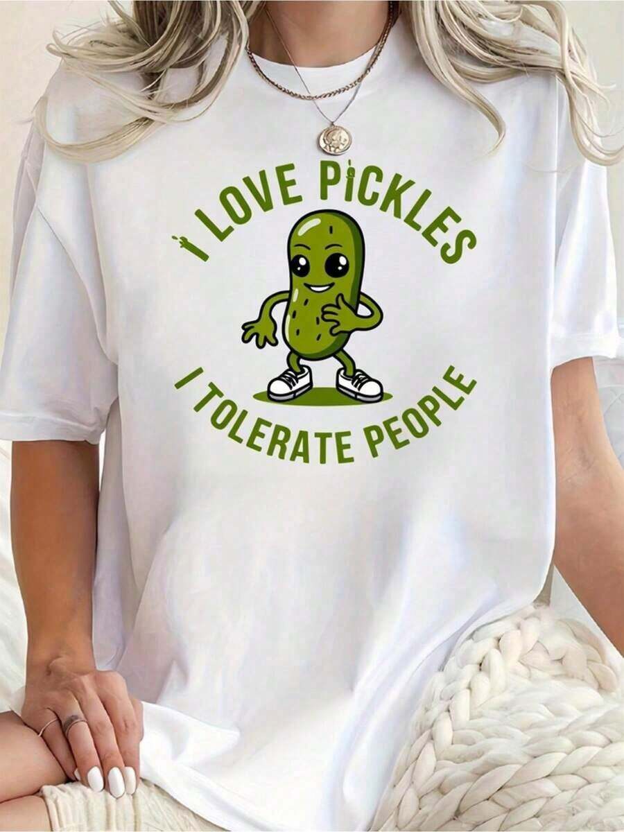 Funny T-Shirt With The Slogan "I Love Sauerkraut, I Tolerate People" | Unisex Casual Short-Sleeved Crew Neck T-Shirt With Pickled Cabbage Lover Design, Comfortable And Breathable Fabric, Suitable For All Seasons, A Fun Gift For Food Lovers, 100% Cotton, Short-Sleeved T-Shirt For Summer Vacation For Women. - 白色 - 查看 1