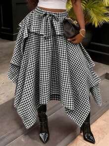 High-Waisted Loose Tie-Up Plaid Red & White Retro Style Skirt , Asymmetric Hemline, Vacations, Summer & Autumn, Special Occasions Black - Black - View 4