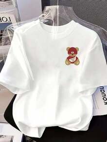Camisetas de manga corta de talla grande para mujer, ideales para el verano, tops básicos para el día a día, camiseta estampada de manga corta con diseños en la parte delantera y trasera - Oso Mágico, estilo de dibujos animados - Camiseta estampada de primavera/verano para mujer, artículo de moda, versátil y casual, transpirable y cómoda. - Blanco - Ver 3