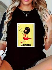 1 Mexican Bingo Graphic T-Shirt "El Cacheton" - 100% Breathable, Short Sleeve Black With Gathered Neck And Bingo Card Print For Teens, Summer Birthday Party Outfit, Mexican Culture Clothing - 黑色 - 查看 6