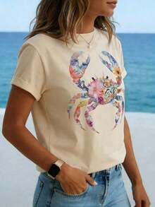 Flower Crab, un nuevo producto imprescindible para el verano. Adecuado tanto para la primavera como para el verano. Camiseta cómoda e informal para mujer, primavera-verano, cuello redondo, tacto suave, regalo ideal para todas las ocasiones. Camisetas casuales, camiseta de manga corta de cuello redondo, estilo oversized, de tela suave y transpirable, ideal para fiestas y como regalo. - Albaricoque - Ver 4