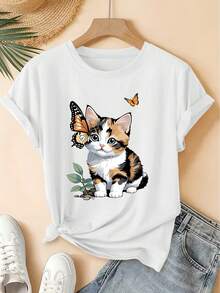 Camiseta de Mujer Primavera/Verano 2026, Nueva Camiseta de Manga Corta con Cuello Redondo para Mujer, con Estampado Interactivo de Tres Flores, Gato y Mariposa, Estilo Vintage Desgastado, Top Casual, Tejido de Punto Suave, Ropa de Mujer de Alta Calidad. |   Diseño Divertido y Peculiar |   Adecuado para uso diario en primavera, verano y otoño. |   Top divertido y rejuvenecedor - Blanco - Ver 1
