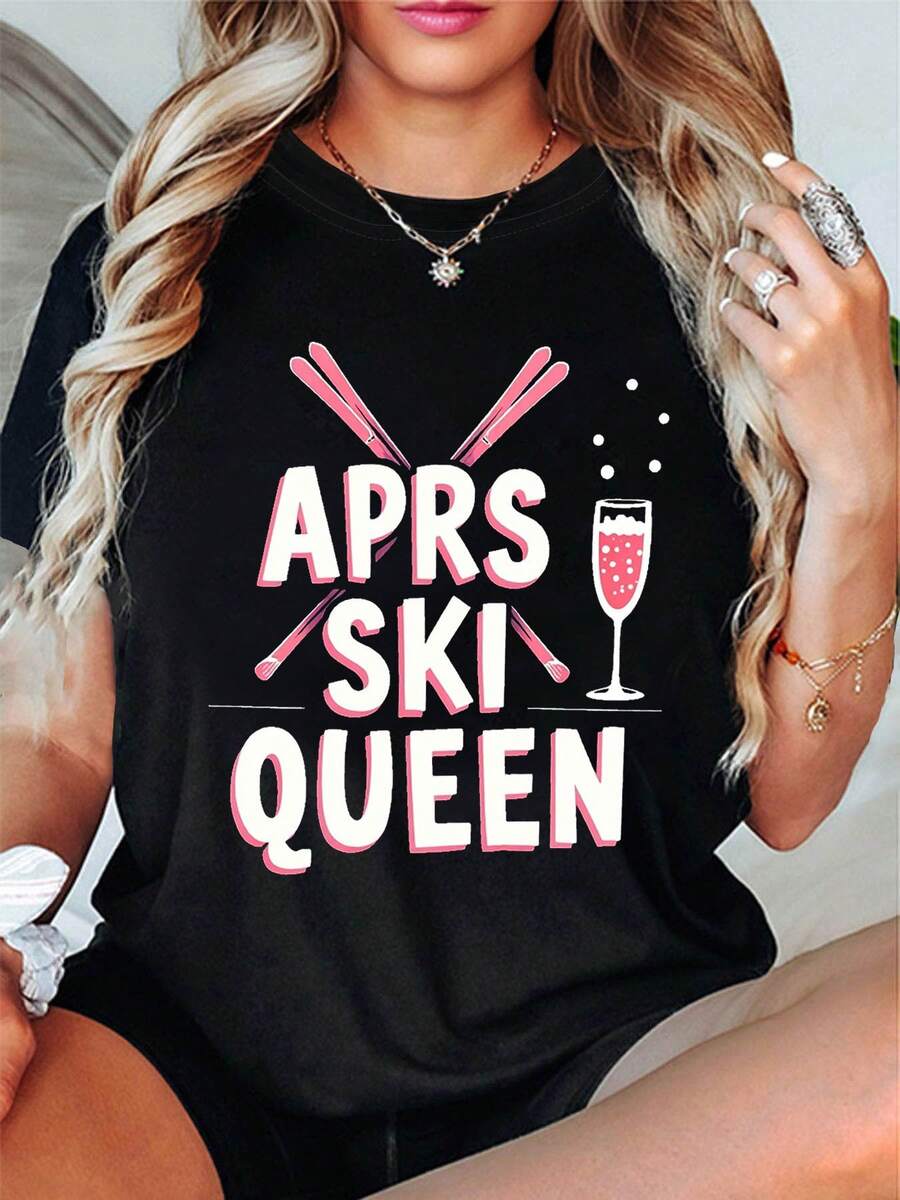 Queen Apreski Letter Print T-Shirt, Casual Short Sleeve Round Neck Top, Women's Spring And Summer Clothing - 黑暗的 - 查看 1