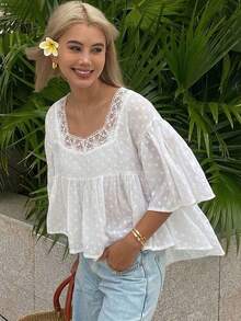 Blusa holgada de unicolor con mangas acampanadas, top de verano para mujeres - Blanco 3 - Ver 7