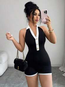 Elegant And Casual Women's Jumpsuit With A V-Neck And Contrasting Colors, Sexy With A Deep V-Neck And Open Back, With A Slim And Elegant Fit, Suitable For Parties, Dates, Afternoon Tea, Bohemian Vacation Style, Beach, Summer Wear - 黑色 - 查看 7
