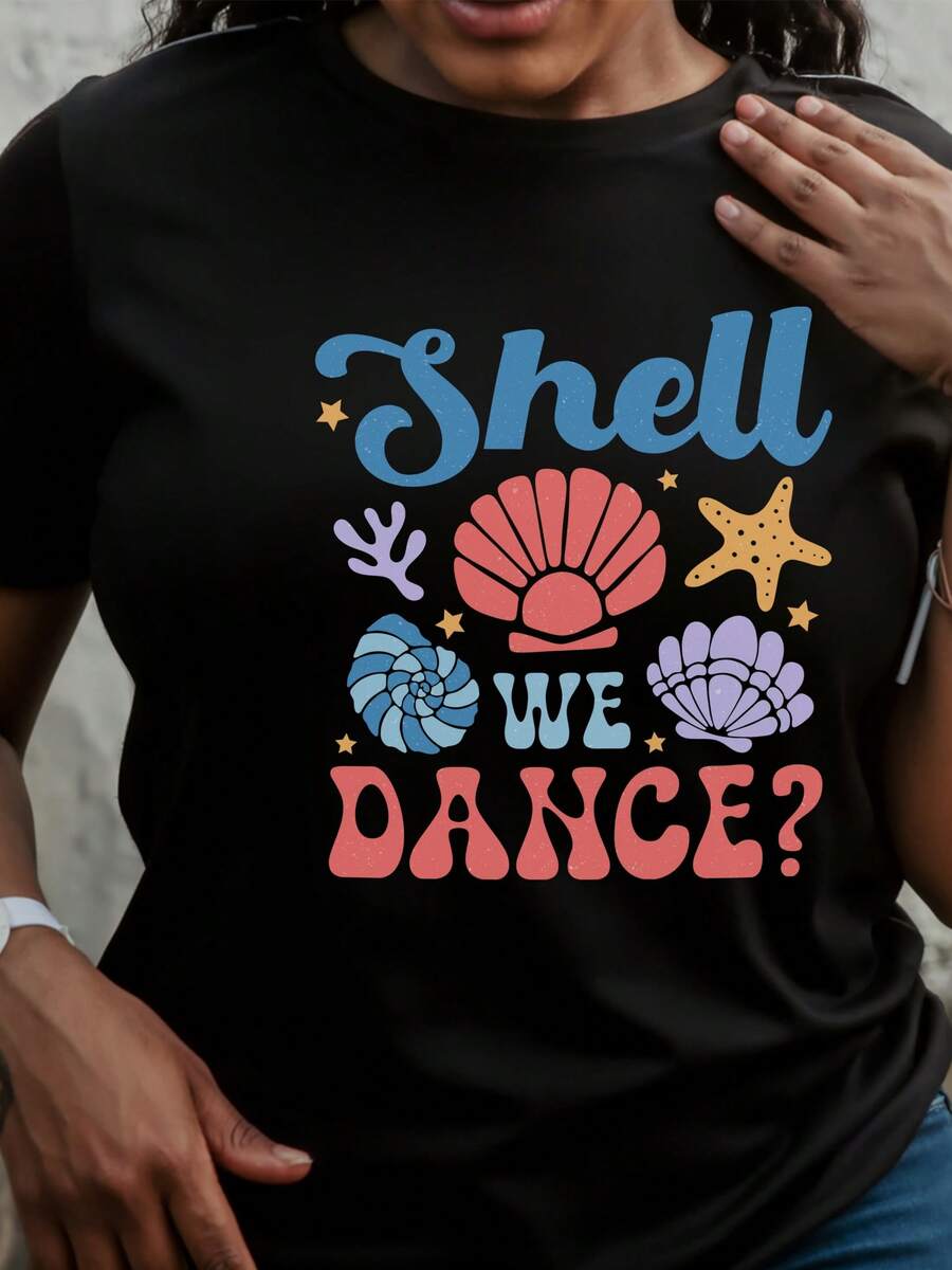 Soft Women's T-Shirt, Light Beige And Black, With Seashell And Starfish Print, Round Neck, Short Sleeve, Casual Summer Style, Machine Washable, Comfortable Fit, Fun Design, Breathable Fabric, Shirt Print, Essential Item For The Beach, Lightweight And Fashionable Top, Exclusive For Beach Lovers. - 黑色 - 查看 1
